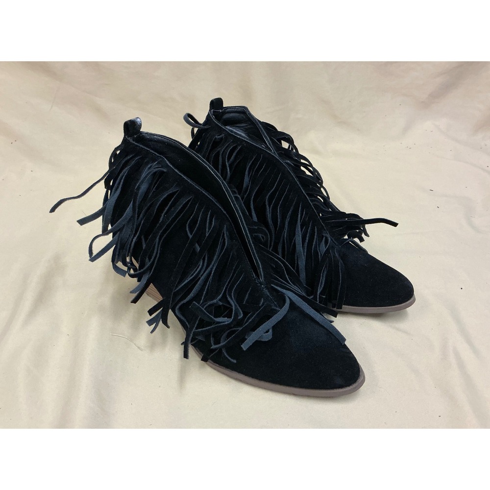 Beast Fashion Black Suede Fringe Ankle Boots Pointed Toe Stacked Heel Booties